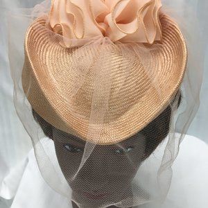 Peach Straw Fascinator with Veil, Ruffles, and Tiny Bow